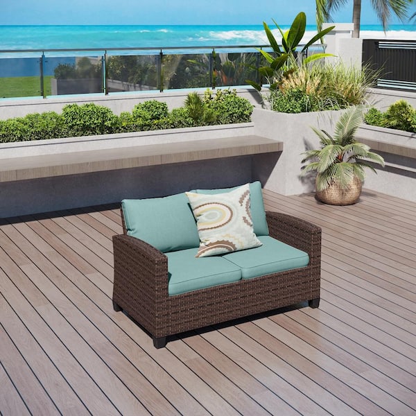 PHI VILLA Dark Brown Rattan Wicker Outdoor Patio Loveseat with Blue Cushions