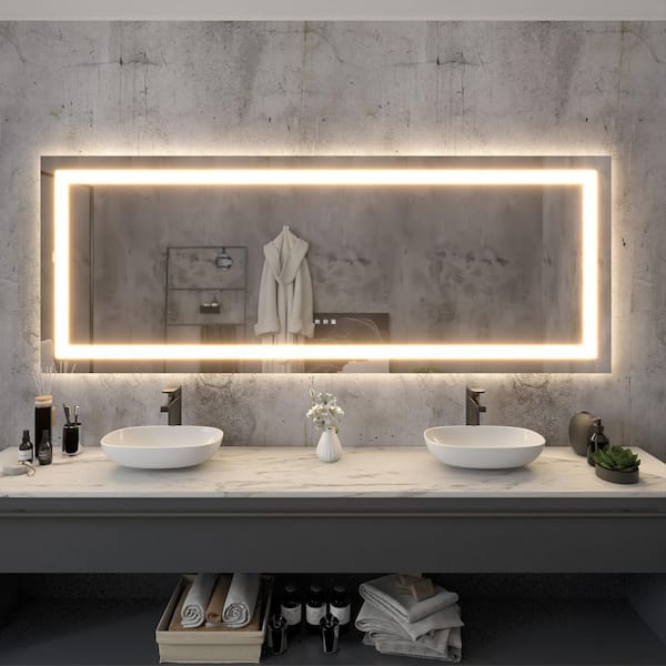 84 in. H x 32 in. W Rectangular Frameless LED Light Anti-Fog Wall Bathroom Vanity Mirror with Backlit and Front Light