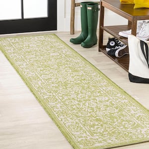 Tela Bohemian Textured Weave Floral Green/Cream 2 ft. x 8 ft. Indoor/Outdoor Area Rug