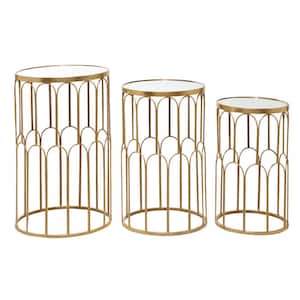 18 in. Gold Round Mirrored End Table with 3-Pieces