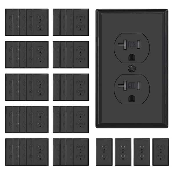 Lukyamzn 20 Amp Duplex Electrical Receptacle Outlet with Self-Grounding, Wall Plate Included, UL Listed in Black - (50-Pack)