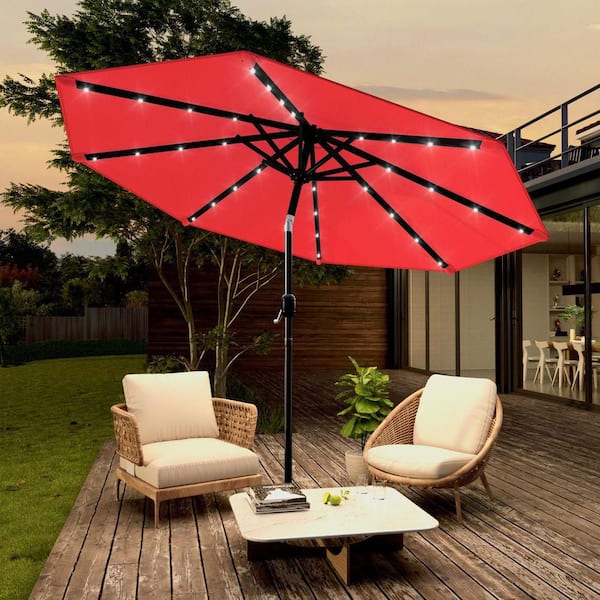 9 ft. Steel Solar-powered Round Outdoor Market Patio Umbrella with Crank in Chili Red
