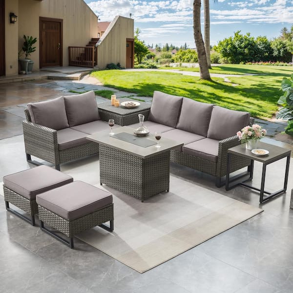 moosprr U-Frame 7-Piece Gray Wicker Fire Pit Conversation Set with Olefin Gray Cushions and Sectionsal Sofa/Storage Box
