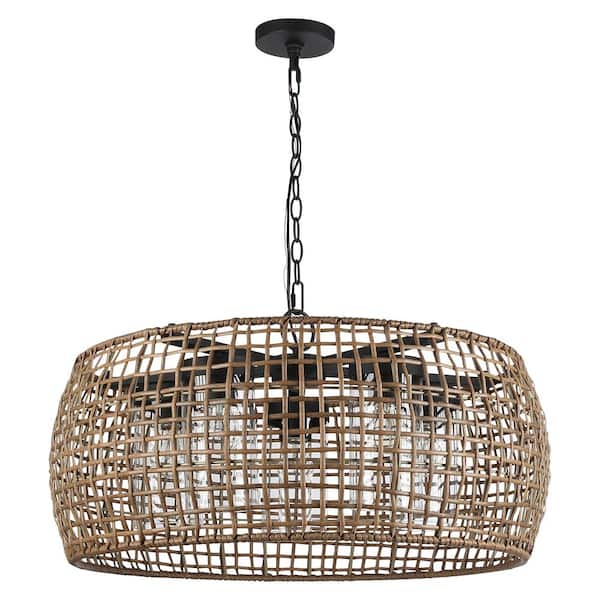 Golden Lighting 14.375in. 5-Light Natural Black Dimmable Outdoor Pendant Light with Maple All Weather Wicker Shade and No Bulbs Included