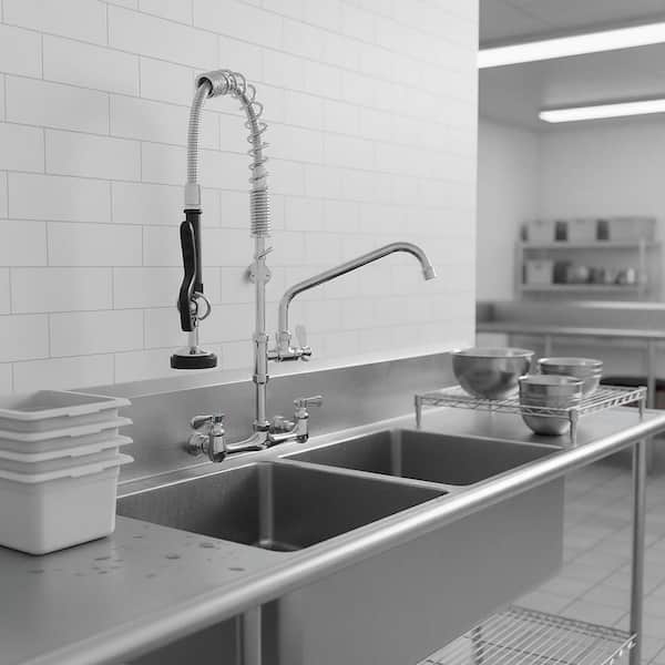 25 in Wall mounted faucet Triple Handle Pull Down Sprayer 360 Degree Spout Swivel Kitchen Faucet in Polished Chrome