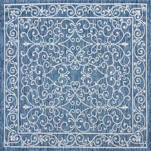 Charleston Navy/Gray 5 ft. Vintage Filigree Textured Weave Indoor/Outdoor Square Area Rug