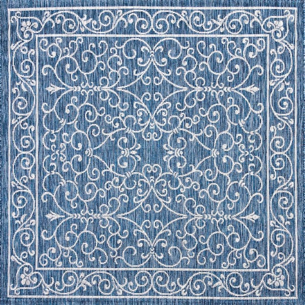 Charleston Navy/Gray 5 ft. Vintage Filigree Textured Weave Indoor/Outdoor Square Area Rug