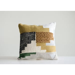 Handwoven White Wool Kilim Pillow with Yellow, Green & Black Accents