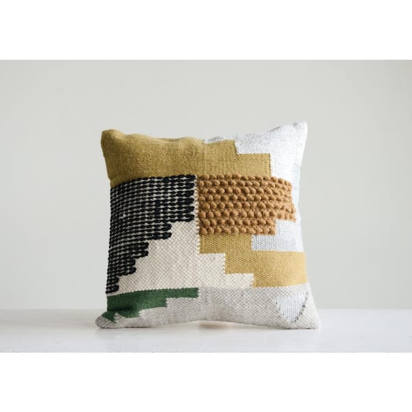 Storied Home Handwoven White Wool Kilim Pillow with Yellow, Green & Black Accents