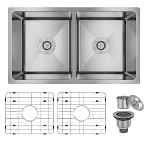 31 in. Undermount Double Bowl 18 Gauge Stainless Steel Kitchen Sink with Bottom Grid and Basket Strainer, cUPC Certified