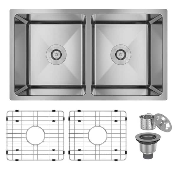 CASAINC 31 in. Undermount Double Bowl 18 Gauge Stainless Steel Kitchen Sink with Bottom Grid and Basket Strainer, cUPC Certified