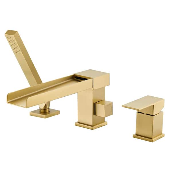 Lukvuzo Single-Handle Deck-Mount Roman Tub Faucet with Hand Shower Sprayer in. Gold