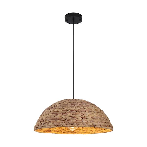 1-Light Dome Black Hanging Pendant Light Linear Chandelier with Rattan Shaded for Kitchen Island