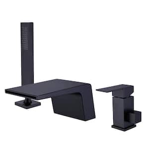 Single--Handle Waterfall Deck-Mount Roman Tub Faucet with Hand Shower 3 Hole Brass Bathtub Faucet in Matte Black