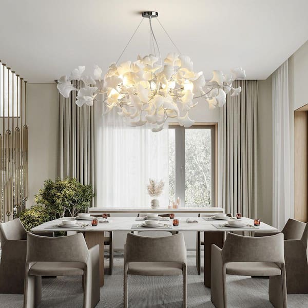 Gleam Flare 10 Light Silver Chandelier, Luxury Ginkgo Branch