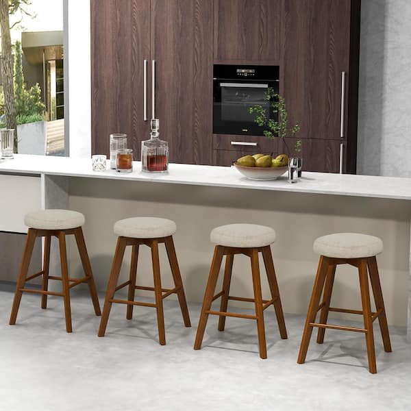Costway 26 in. Beige Rubber Wood Counter Stool with Linen Fabric Seat 2 Set of Included