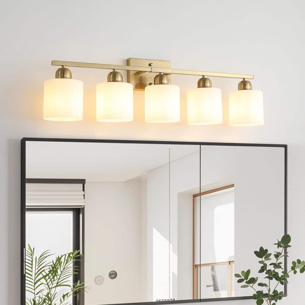 32 in. 5-Light Modern Gold Bathroom Vanity Light Over Mirror, with Milky White Frosted Glass Shades(Bulbs Not Included) price history on PriceWatchPro