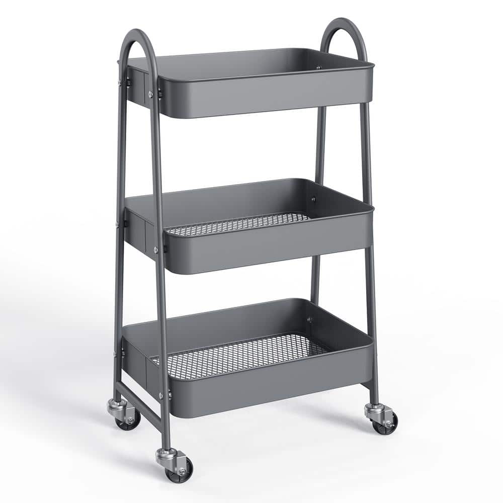 Gray Metal 3-Tier Rolling Kitchen Storage Cart