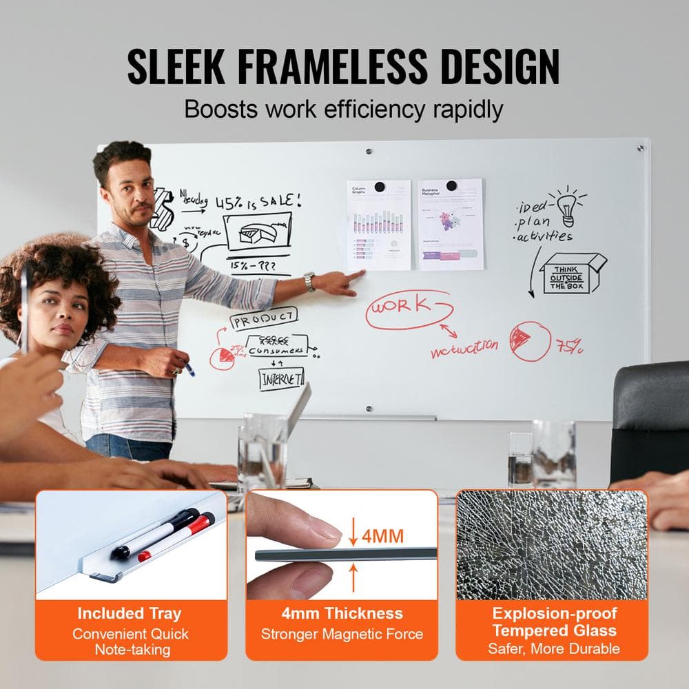 72" x 36" Frameless Clear Magnetic Glass Whiteboard with Marker Tray