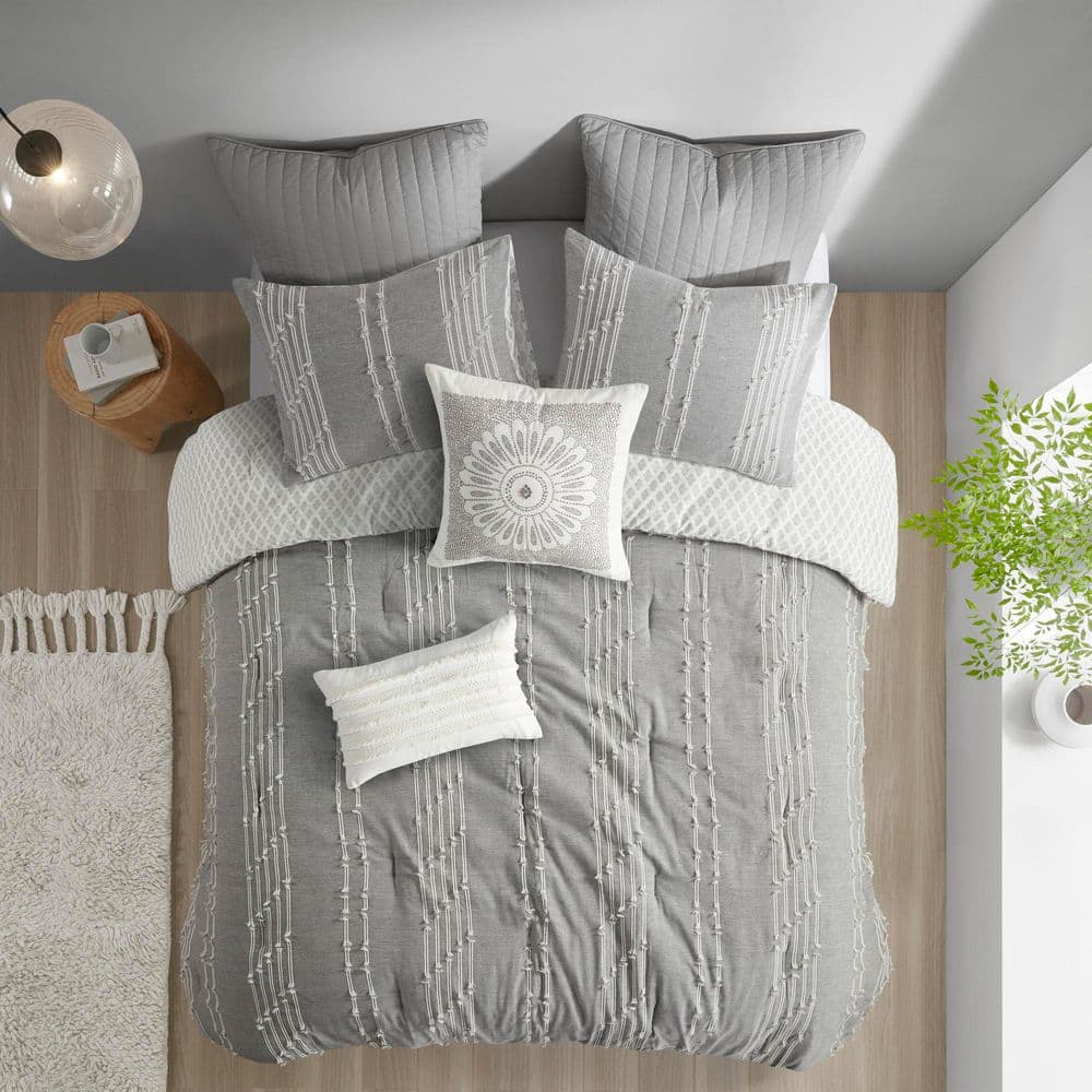 Gray Full Cotton Jacquard Reversible Bedding Set