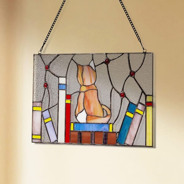 Multicolored Book Lover's Kitten Stained Glass Window Panel