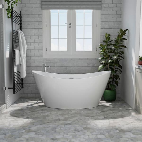 59 in. Acrylic Flatbottom Hourglass Freestanding Soaking Bathtub in White with Brushed Nickel Overflow and Drain