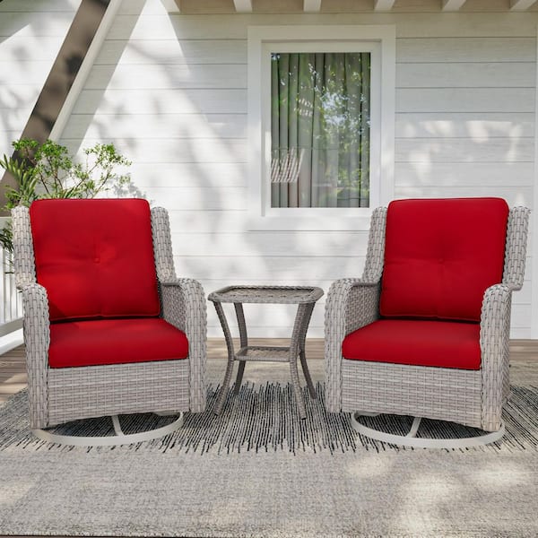 3-Piece Wicker Outdoor Rocking Chairs Swivel Chairs Patio Conversation Set Chat Set with Red Cushions and 1 Table
