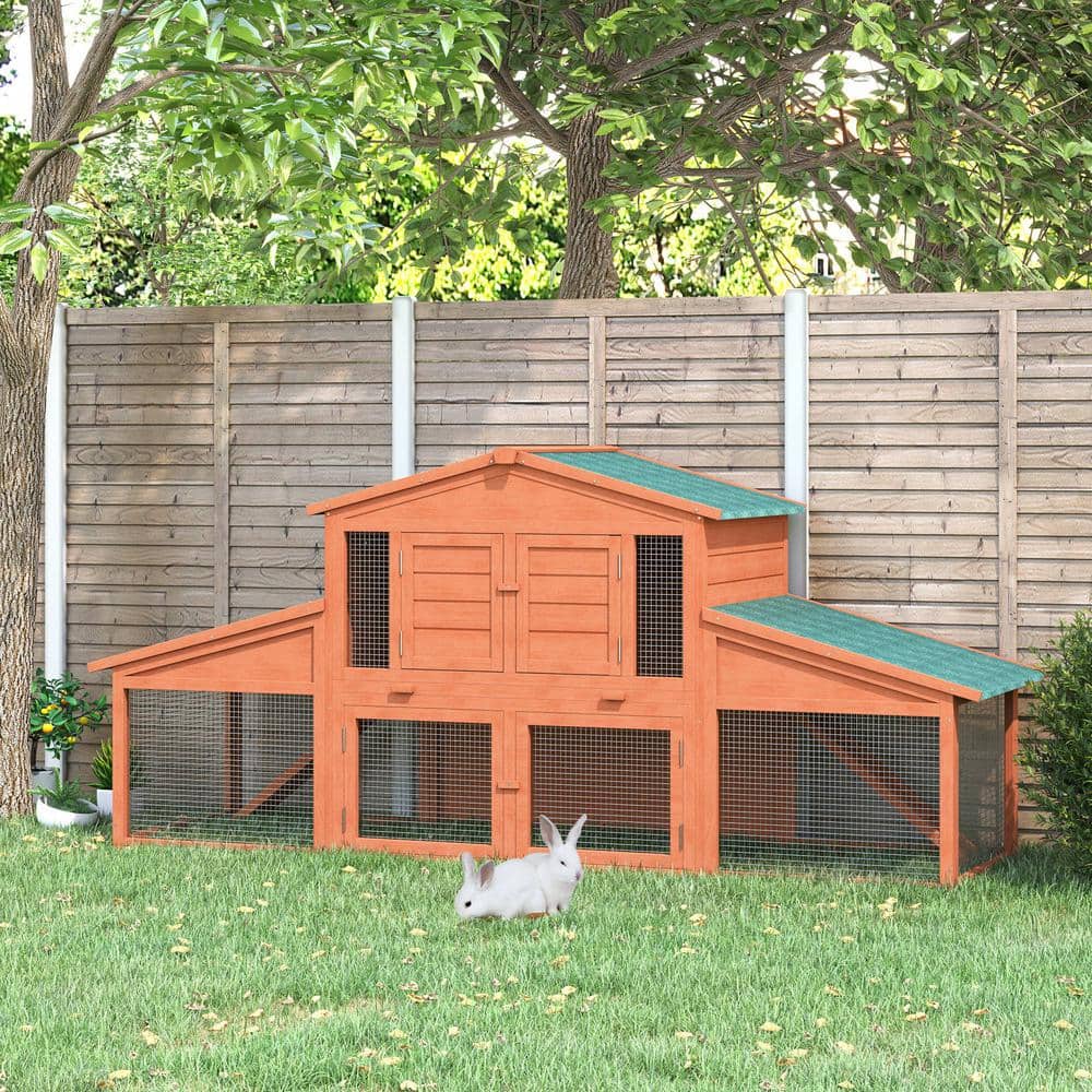 Large Brown Wooden Rabbit Hutch with Double Ramps and Weatherproof Roof