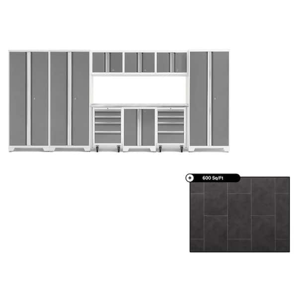 NewAge Products Bold Series 162 in. W x 76.75 in. H x 18 in. D Steel Cabinet Set in Platinum with 600 sq. ft. Flooring Bundle (10-Piece)
