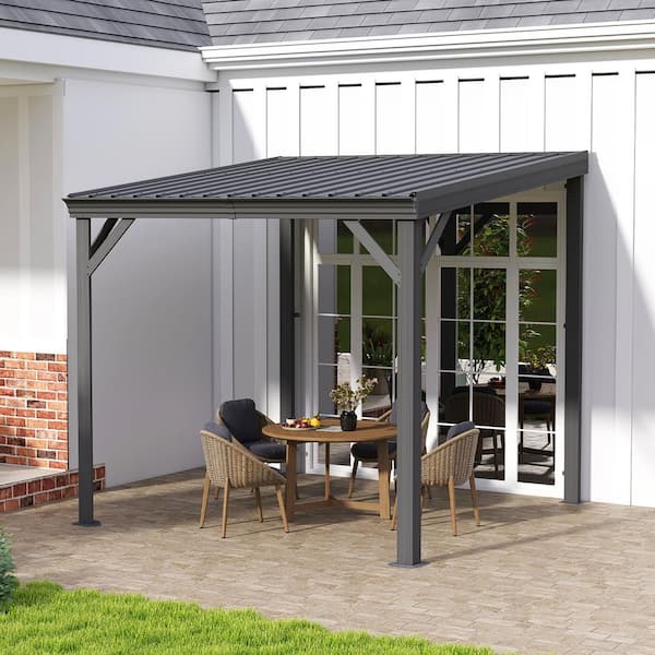 8 ft. x 8 ft. Patio Gazebo Lean to Wall Mounted Pergola with Sloping Galvanized Steel Roof