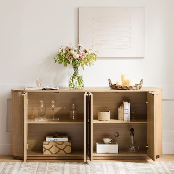 Julian Oak Wood Modern Sideboard with Rounded Edges, Adjustable Shelves, Elevated Base,Soft-Close Hinges, Metal Handles