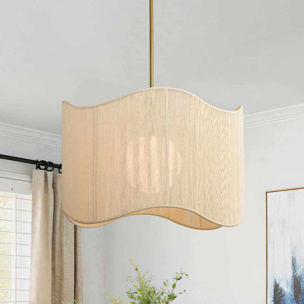 HUOKU Haven 1-Light 23.6 in.W Brass Wavy Edge Fabric Drum Pendant