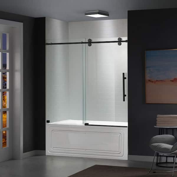 WOODBRIDGE 60 in. W x 66 in. H Sliding Frameless Tub Shower Door in Matte Black with 5/16 in. (8mm) Clear Glass