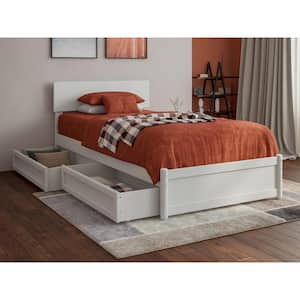 Wesley White Solid Wood Frame Twin XL Platform Bed with Panel Footboard and Storage Drawers