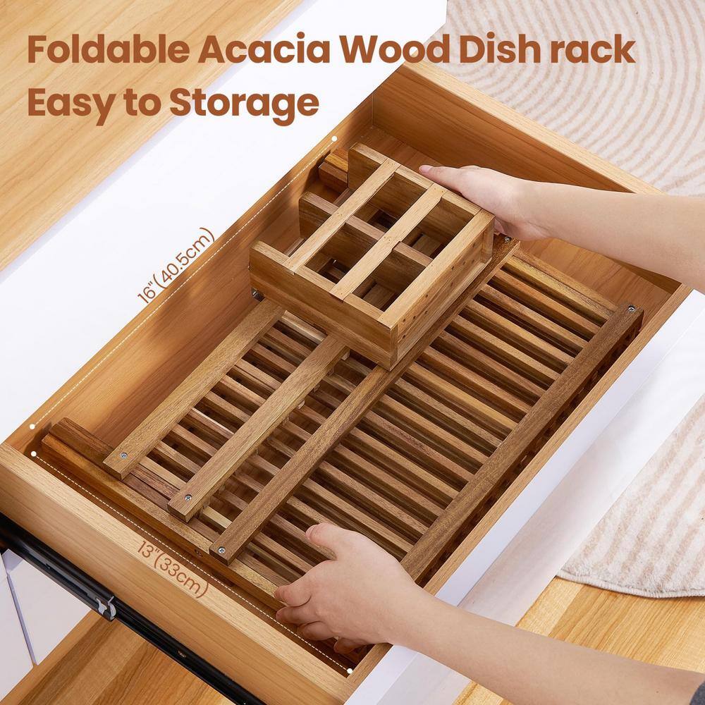 Foldable Acacia Wood 2-Tier Dish Rack with Utensil Holder