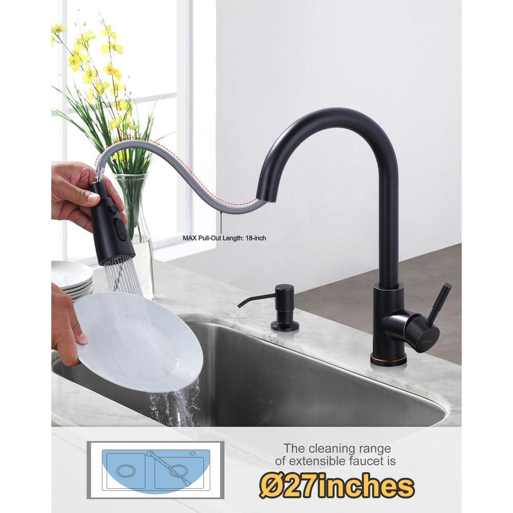 Oil-Rubbed Bronze High Arc Kitchen Faucet with Pull-out Spray and Soap Dispenser