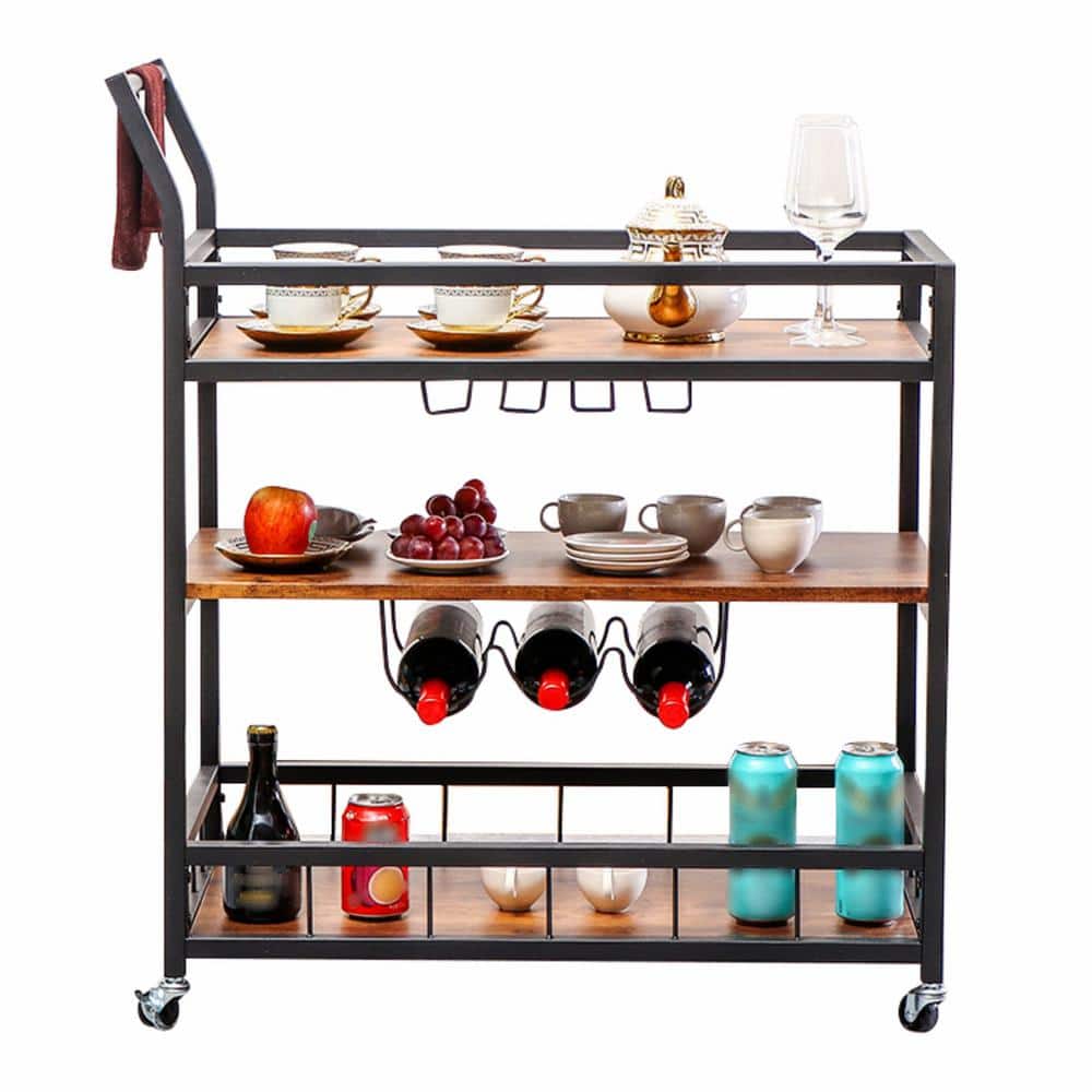 Outdoor Brown and Black 3 Tier Storage Shelves Serving Cart with Lockable C