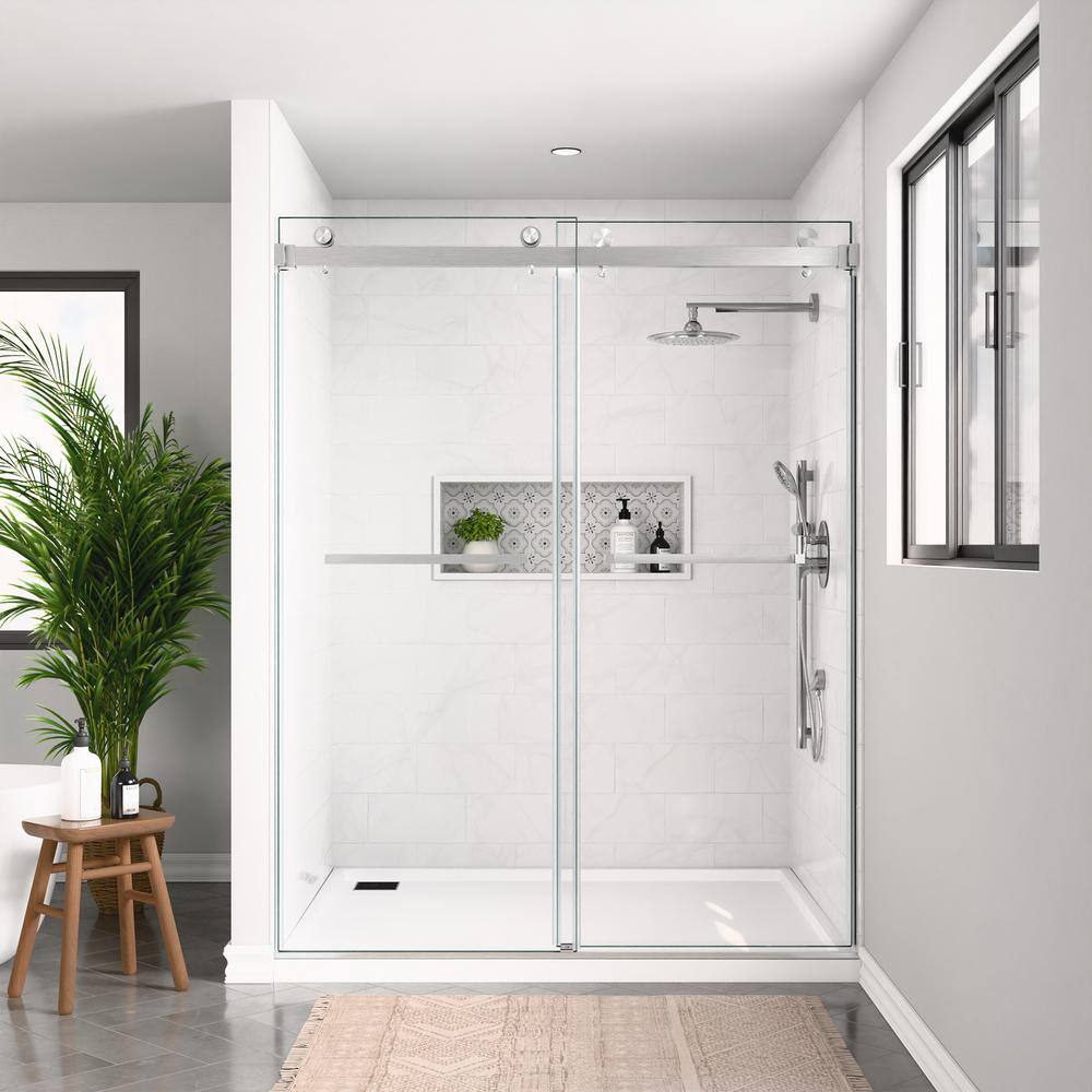 60 in. Frameless Clear Glass Double Sliding Shower Door with Brushed Nickel Hardware