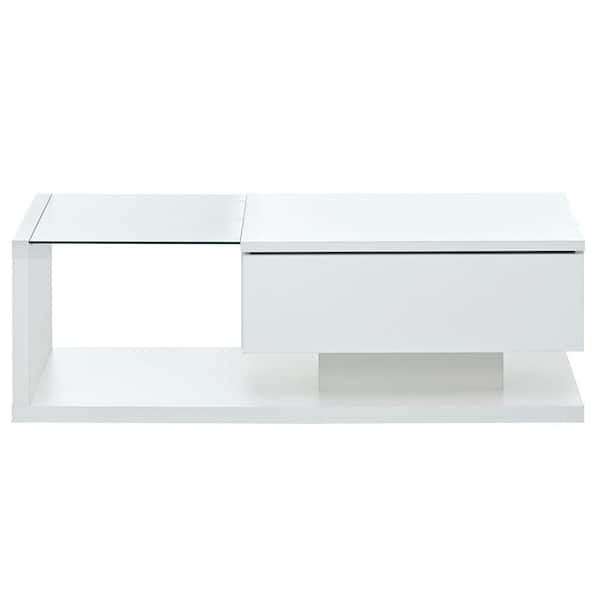 Noble House Malvyn 39.3 in. White Modern Rectangle Glass Coffee Table with Storage Space