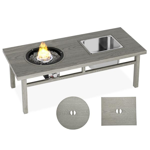 Kahomvis 47 in. 3-in-1 Aluminium Outdoor Coffee Table with Fire Pit and Ice Bucket in Gray