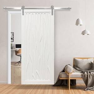 36 in. x 84 in. Howl at the Moon Bright White Wood Sliding Barn Door with Hardware Kit in Black