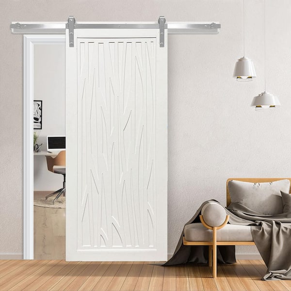 36 in. x 84 in. Howl at the Moon Bright White Wood Sliding Barn Door with Hardware Kit in Black
