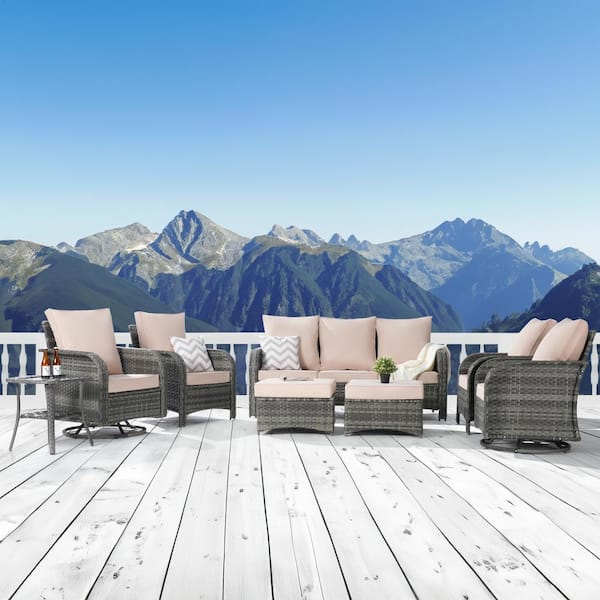 BFB 8-Piece Patio Furniture Outdoor Sofa Set with High Back Swivel Rocking Chairs and Ottomans