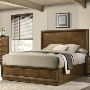 Joune Brown Wood Frame Eastern King Panel Bed with Panel Headboard and Beveled Corners