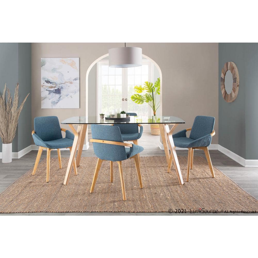 Cosmo Blue Fabric and Natural Wood Mid-Century Arm Chair