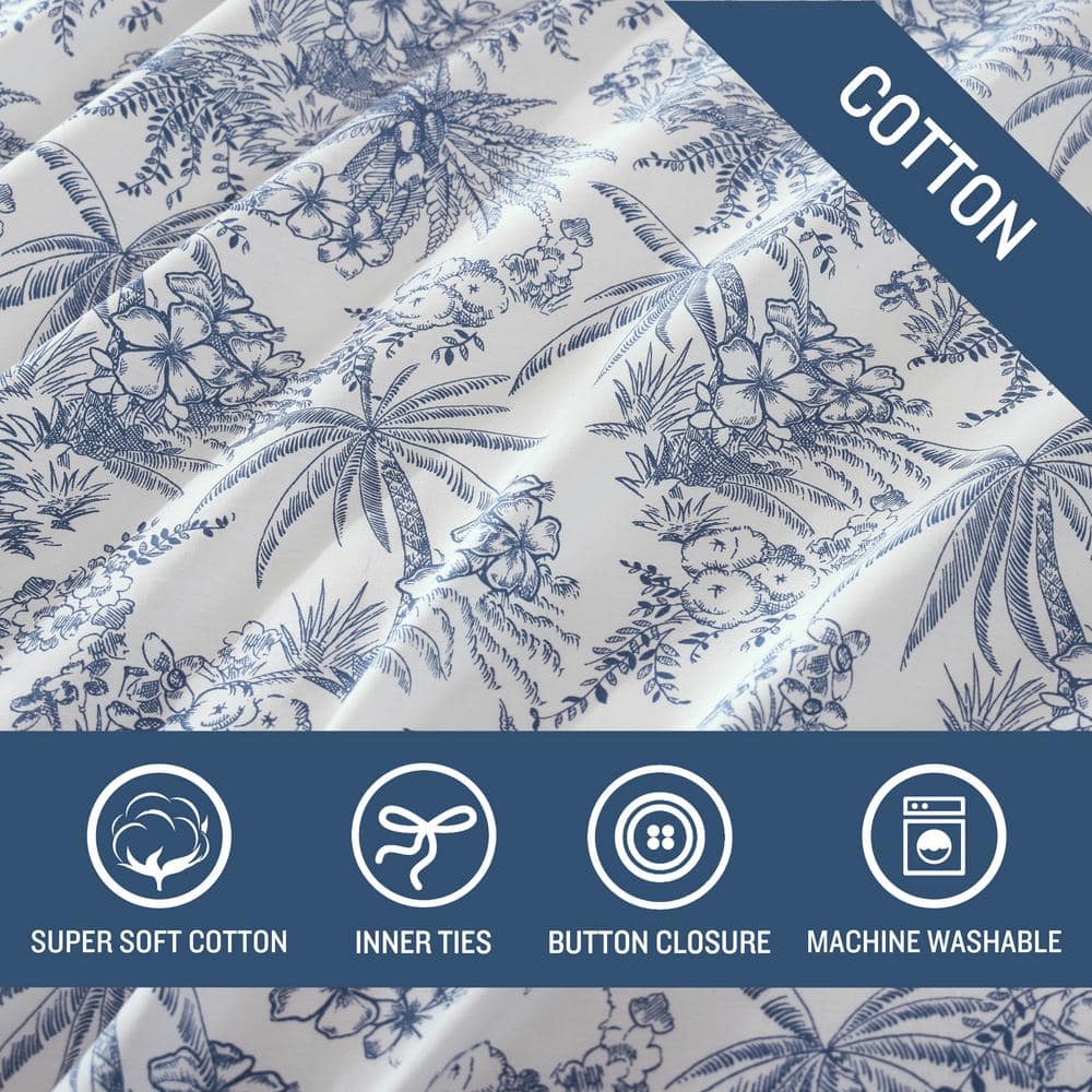 Pen and Ink Blue Floral Cotton Queen Duvet Cover Set