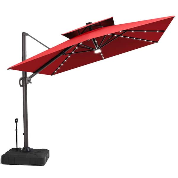 cantilever patio umbrella 9.8& 39 12 ft. x 9 ft. Outdoor Cantilever Umbrella with Solar Lights and 350 lb. Pull Rod Base Rectangular Patio Umbrella in Red