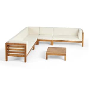 Oana Teak Brown 6-Piece Acacia Wood Patio Conversation Sectional Seating Set with Beige Cushions