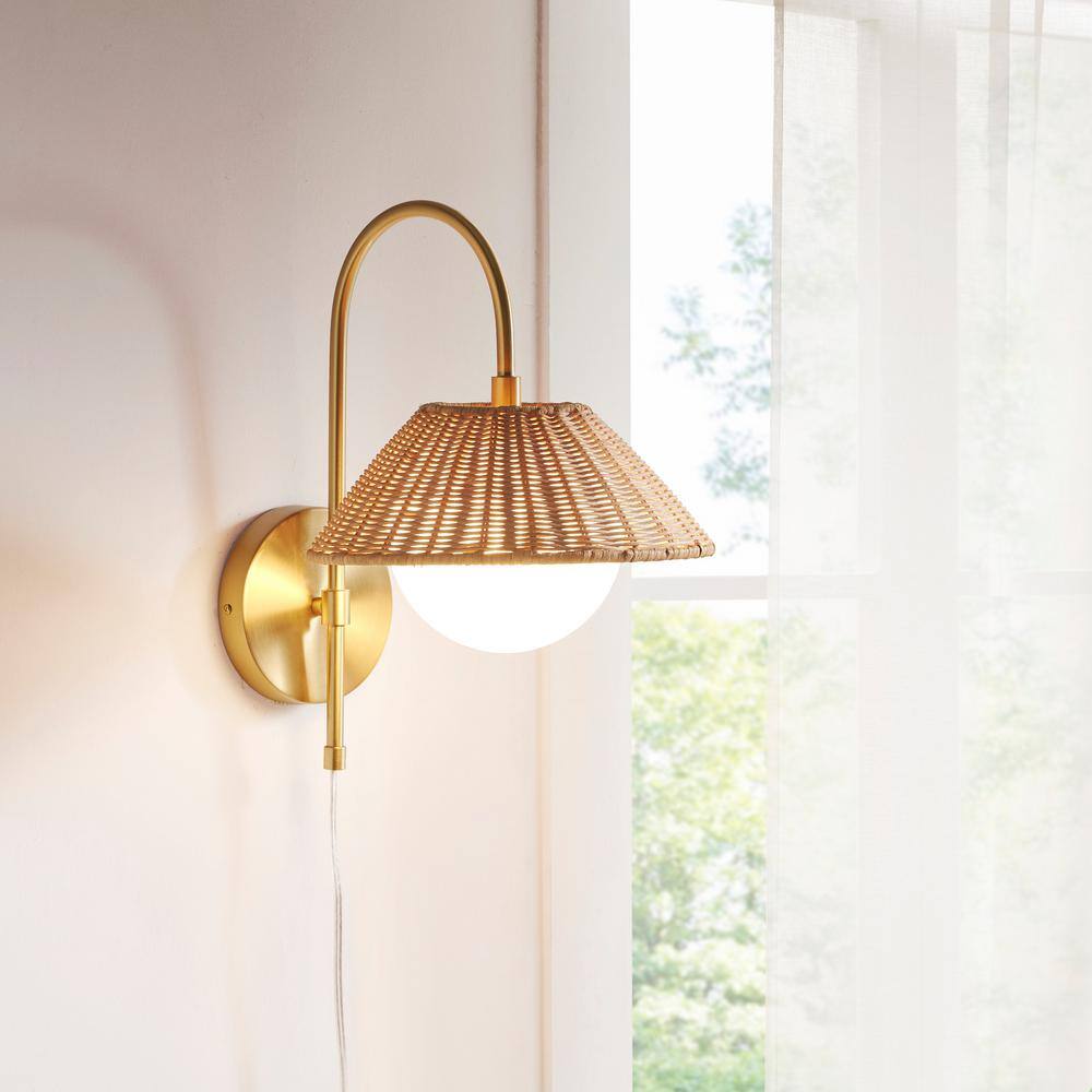 Gold Iron Wall Sconce with Rattan Shade and Frosted Globe