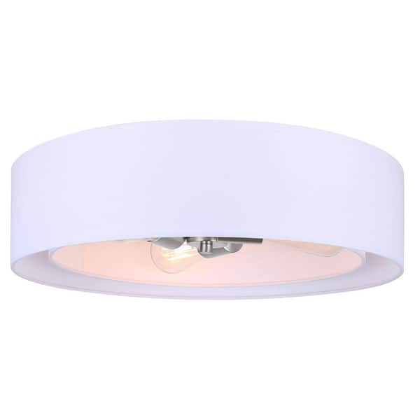 CANARM LANDRA 19 in. 3-Light 60-Watt Contemporary Brushed Nickel Flush Mount with White Fabric Shade